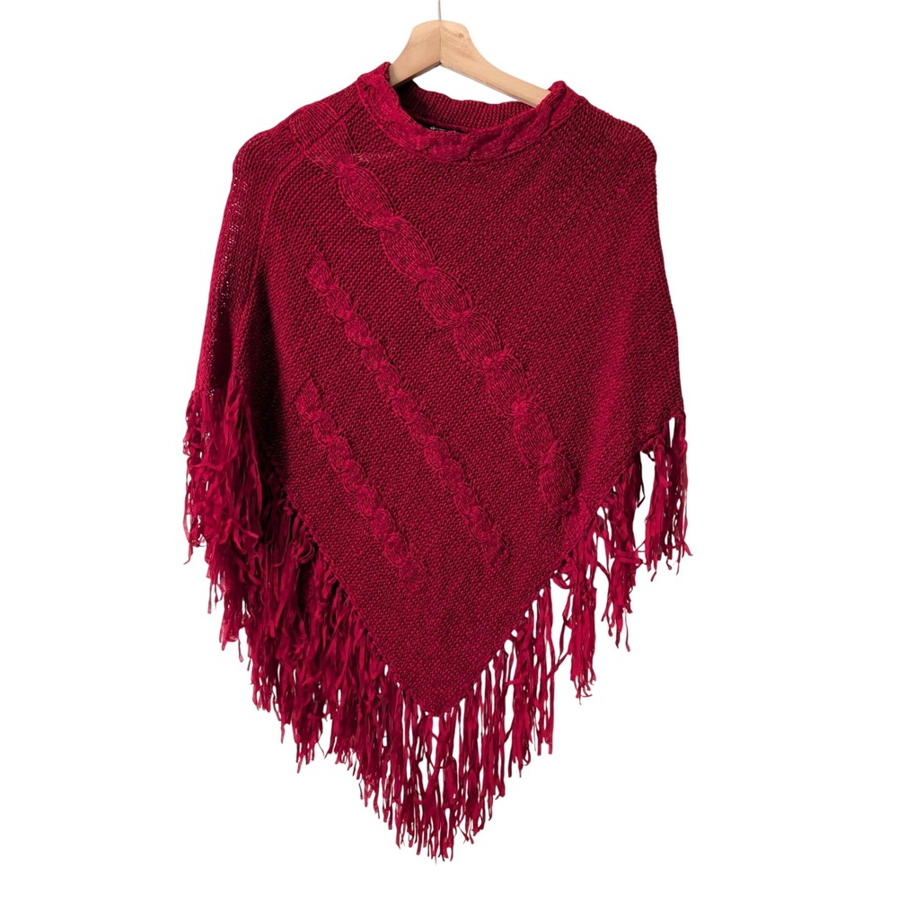 Cejon Accessories Red Cable Knit Fringe Poncho Sweater Holiday Romantic Boho